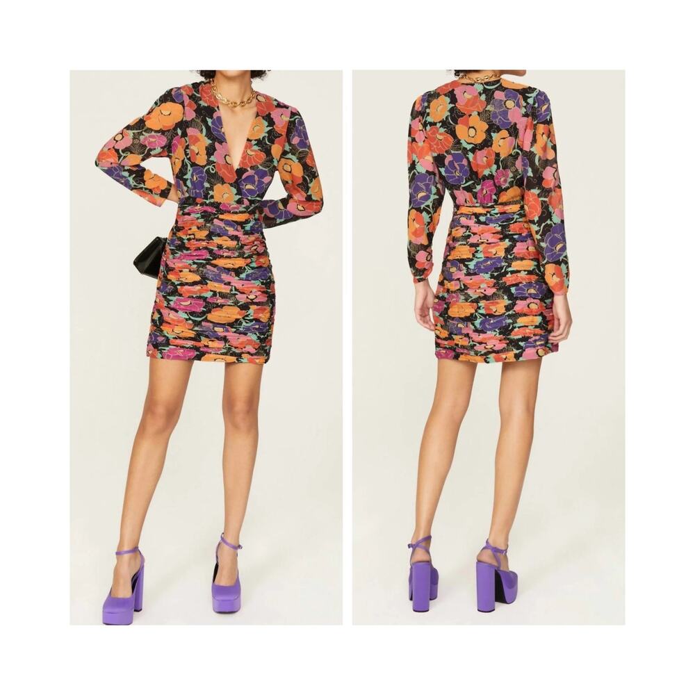 RIXO Mini Dress Black Floral Silk V Neck Sheath Ruched Skirt Long Sleeve